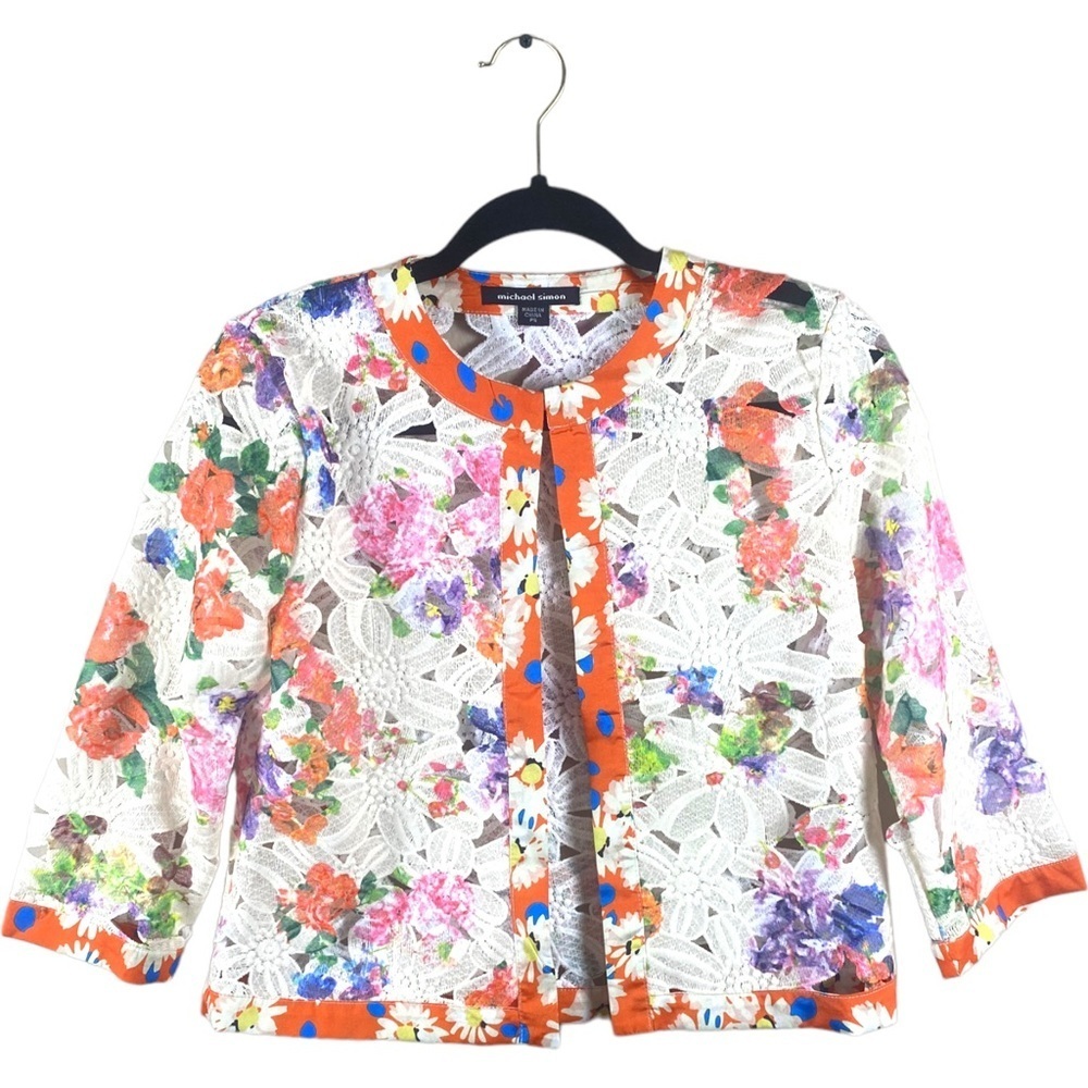 Michael Simon Orange Ivory Cut Out Lace Floral Blazer Jacket SZ Petite PS
